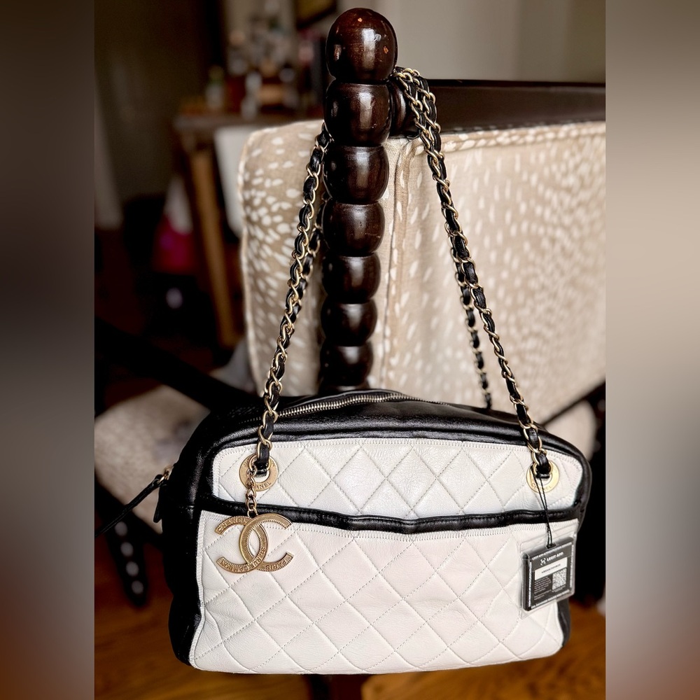 Chanel Double Chain Bicolor Leather Shoulder Bag